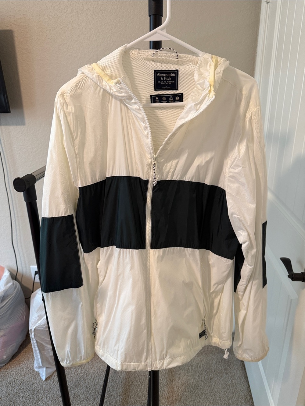 Abercrombie & Fitch White and Black Colorblock Windbreaker Jacket